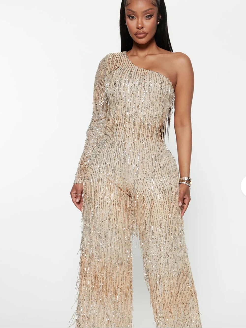 Fashion Nova Famous Fringe Jumpsuit Sequin Wide Leg One Shoulder Small NWT Gold